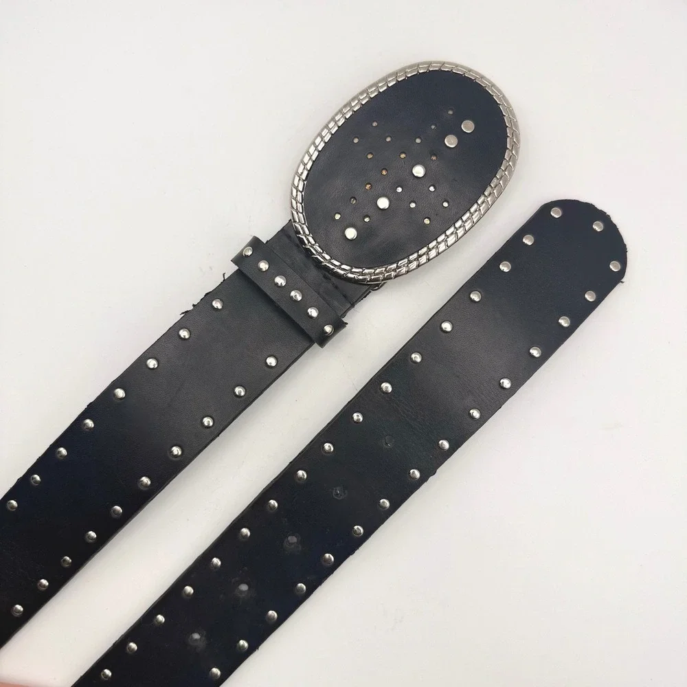 Steve‎ Madden Mens Black Leather Studded Belt Silver Oval Buckle 37 Inch